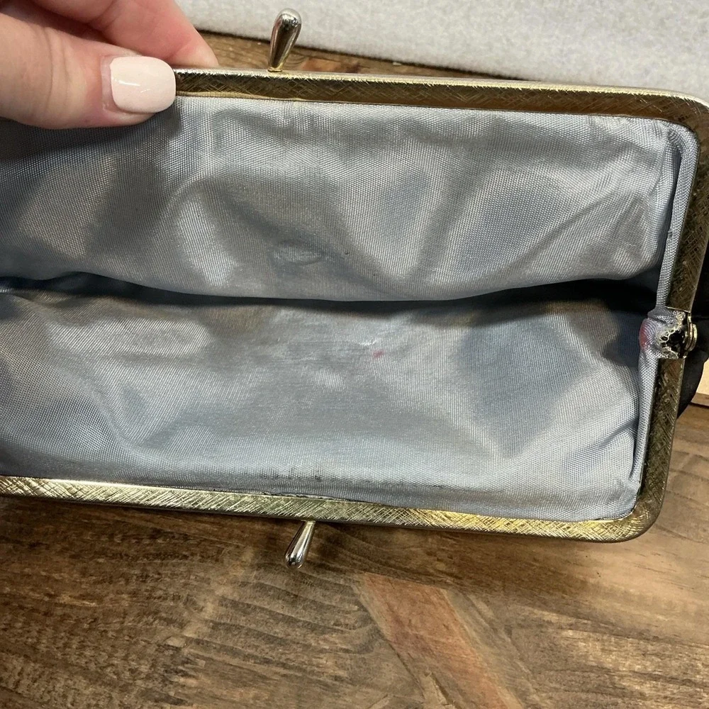 Vintage Black Satin Gold Toned Frame Clutch Handbag Evening Wedding Party Formal
